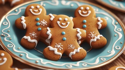 Three Brown Gingerbread Men Cookies on Teal Plate