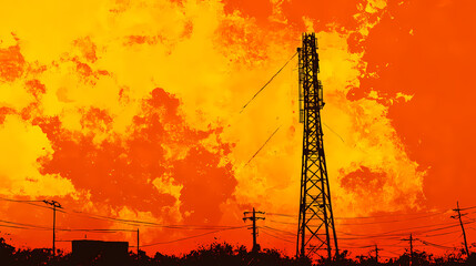 A tall industrial tower silhouetted against a fiery orange sky, suggesting themes of danger, industry, or environmental impact. Extreme Contrast Themes. Illustration