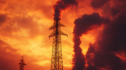 A tall industrial tower silhouetted against a fiery orange sky, suggesting themes of danger, industry, or environmental impact. Extreme Contrast Themes. Illustration