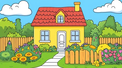 Yellow house, garden, flowers, sunny day, path, home illustration