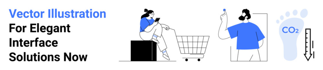Woman shopping, a cart, a man designing, CO2 reduction icon, and a footprint visual. Ideal for tech, e-commerce, eco-awareness, user experience sustainability modern design flat landing page