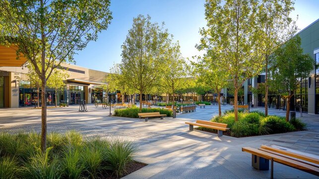This vibrant shopping center features numerous trees and benches, offering a perfect retreat for visitors to relax and enjoy the outdoor atmosphere on a sunny day