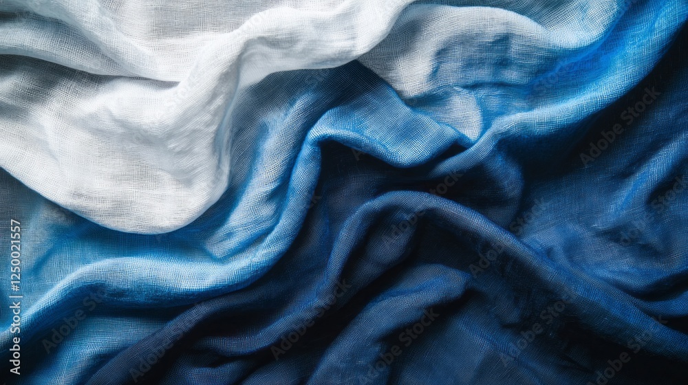 Poster Natural indigo dye displays an artistic flow across soft cotton fabric, showcasing a captivating blue and white pattern with ample space for text and design integration