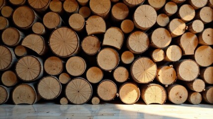 A wall of neatly stacked, sunlit wood logs showcases the natural grain and texture of the timber, creating a warm and inviting aesthetic.