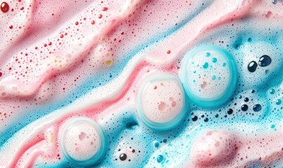 Pink and blue foam swirls, close-up texture, abstract background, ideal for cosmetics