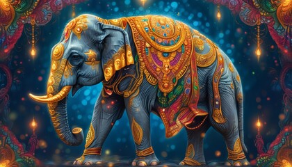 Obraz premium Majestic Indian Elephant Adorned with Golden Jewelry and Art Nouveau-Inspired Motifs, Exuding Grace and Movement