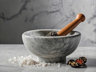 Natural Stone Mortar and Pestle on a White Marble Surface