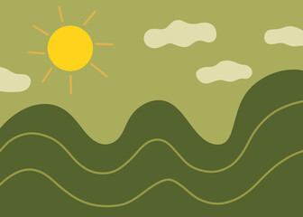 A minimalist background with a green landscape, the sun, and clouds