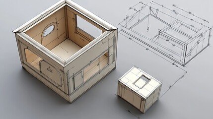 A detailed dieline template with a box partially assembled beside it.