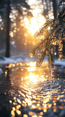Winter Forest Stream Scene At Sunset