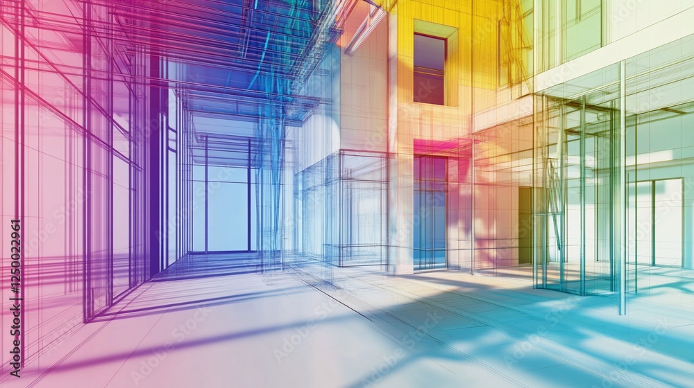 Aufkleber architectural visualization of building structure with wireframe lines and color overlay design