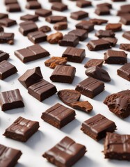 Obraz premium A treasure trove of dark chocolate pieces on a crisp white background, culinary treasure, indulgent chocolate feast, rich confectionery