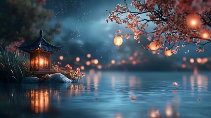 Serene and tranquil night scene at a lakeside with glowing cherry blossom lanterns floating on the calm water surface surrounded by the delicate pink blossoms of a cherry tree