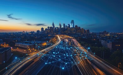 Cityscape at Dusk Showing Network Connections Over Highway