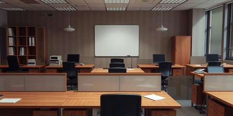 Naklejka premium Desolate office with bankrupt business owner at a solitary desk surrounded by empty desks and paperwork, empty desks, business, bankruptcy