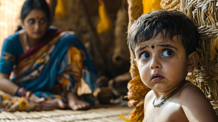 Close-Up of Indian Boy Sitting on Mat in Traditional Home, Looking Sad.