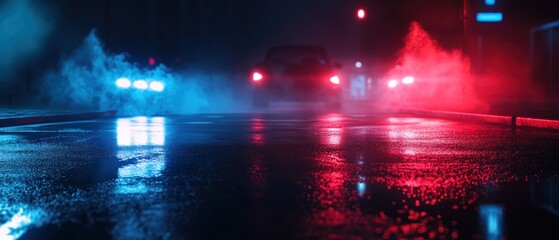 Nighttime city street with cars and colorful reflections
