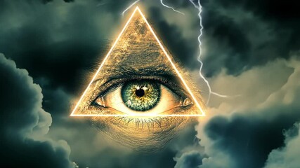 A glowing golden eye within an illuminated triangle surrounded by stormy clouds and lightning, symbolizing the all-seeing eye, Illuminati, and surveillance conspiracy theories.