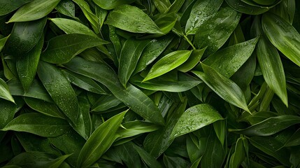 Vibrant green foliage backdrop with healthy and lush leaves in a serene natural environment  The image showcases a dense verdant display of various plant species