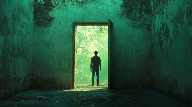 Man standing in doorway with natural green background, casual pose and relaxed atmosphere