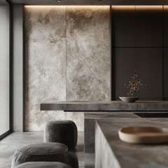Modern Minimalist Kitchen Interior With Gray Concrete Counters And Dark Wood Accents