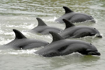 Obraz premium A group of dolphins swimming together, showcasing their playful nature and sleek bodies in a water environment.