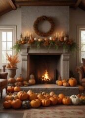 Obraz premium A warm and inviting living room with a large fireplace, decorated with seasonal items like pumpkins and cornucopias, comfort, family gathering