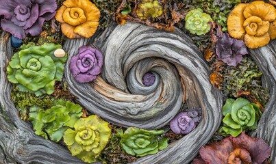 Obraz premium Spiral wood art with colorful succulents, moss, garden, nature, decoration