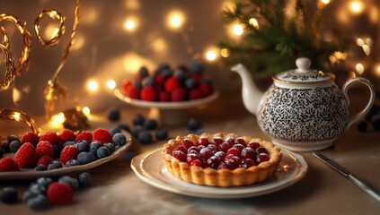 Cozy Festive Tart with Berries and Tea, Winter Delight