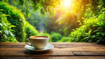 Obraz premium A warm cup of coffee sits on a wooden table surrounded by lush greenery and soft lighting creating a cozy atmosphere, beverage, cozy, warm, coffee mug, table