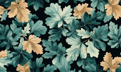 Teal and gold autumn leaves seamless pattern, textile design