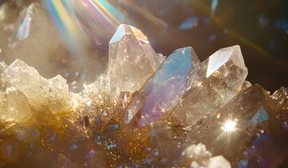 Obraz premium A close-up of the refraction and diffraction in an iridescent crystal, creating intricate patterns with light rays and rainbow colors. 