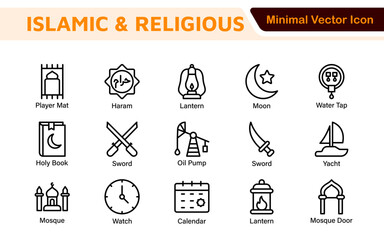 Islamic Icon Set. A beautifully crafted collection of icons reflecting Islamic culture and traditions, educational materials, apps, and websites, and Islamic community.