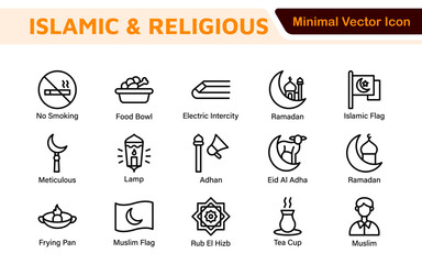 Islamic Icon Set. A beautifully crafted collection of icons reflecting Islamic culture and traditions, educational materials, apps, and websites, and Islamic community.