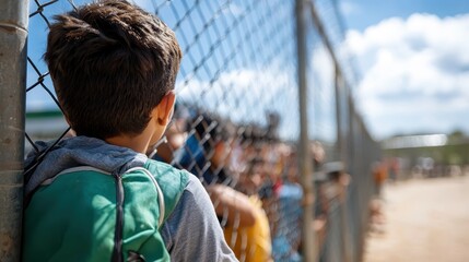 A child watches a crowd through a chain-link fence, showcasing curiosity and a sense of longing in a vibrant outdoor setting.