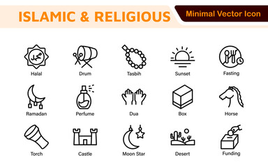 Islamic Icon Set. A beautifully crafted collection of icons reflecting Islamic culture and traditions, educational materials, apps, and websites, and Islamic community.