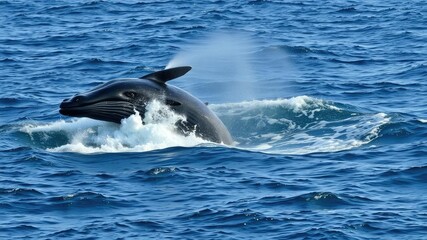 Fototapeta premium A whale's massive body breaches the surface of the water, creating a huge spray of seawater and ocean foam, marine life, surf, splash