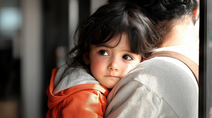 Obraz premium A tender moment between a child and an adult, showcasing affection and connection, with the child looking thoughtfully over the adult's shoulder.