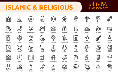 Islamic Icon Set. A beautifully crafted collection of icons reflecting Islamic culture and traditions, educational materials, apps, and websites, and Islamic community.