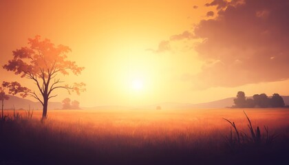 Naklejka premium Golden Hour Solitude: A Serene Sunset Landscape