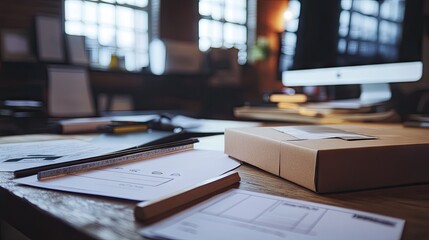 A workspace with a packaging prototype, a ruler, and cost estimation sheets.