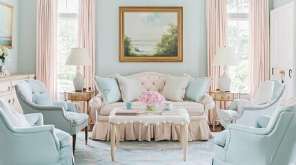 Fototapeta premium A beautifully decorated living room with pastel-colored furniture and an airy, relaxing ambiance. --chaos 20 --ar 16:9 --quality 2 --v 6.1 Job ID: e49ff847-4a83-430d-9662-3ac8f1a6cc9e
