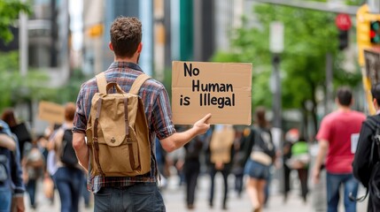 A person holds a protest sign reading "No Human is Illegal" while participating in a demonstration in an urban area filled with people.