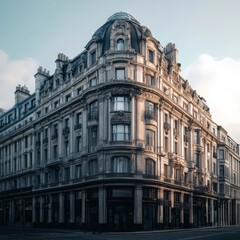 Ornate Corner Building Facade in City Street