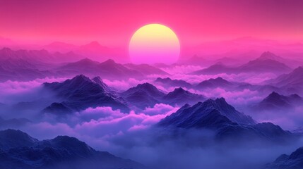 Vibrant sunset over misty mountain range.