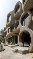 Modern Concrete Building Exterior With Round Windows And Balconies