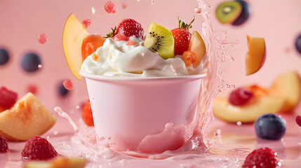 A splash of yogurt surrounding a cup of yogurt with fresh fruit toppings