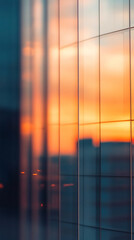Abstract view of a glass building reflecting a sunset with a warm orange glow and blurred background