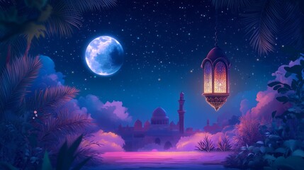 Naklejka premium Elegant Arabic Lantern with Intricate Metalwork and Warm Glowing Light on a Dark Background, Symbolizing Ramadan Kareem with a Peaceful and Festive Atmosphere, Perfect for Islamic Holiday Celebrations