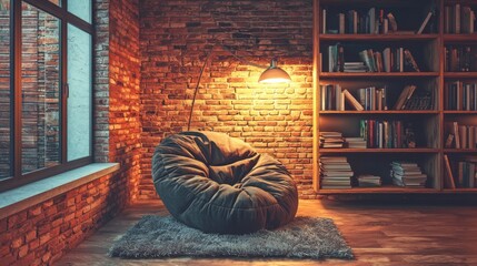 A relaxing reading nook within a living room, featuring a comfortable chair, soft lighting, and bookshelves. --chaos 20 --ar 16:9 --quality 2 --v 6.1 Job ID: e69e0792-fb74-4c95-883e-dc73d760f9ee